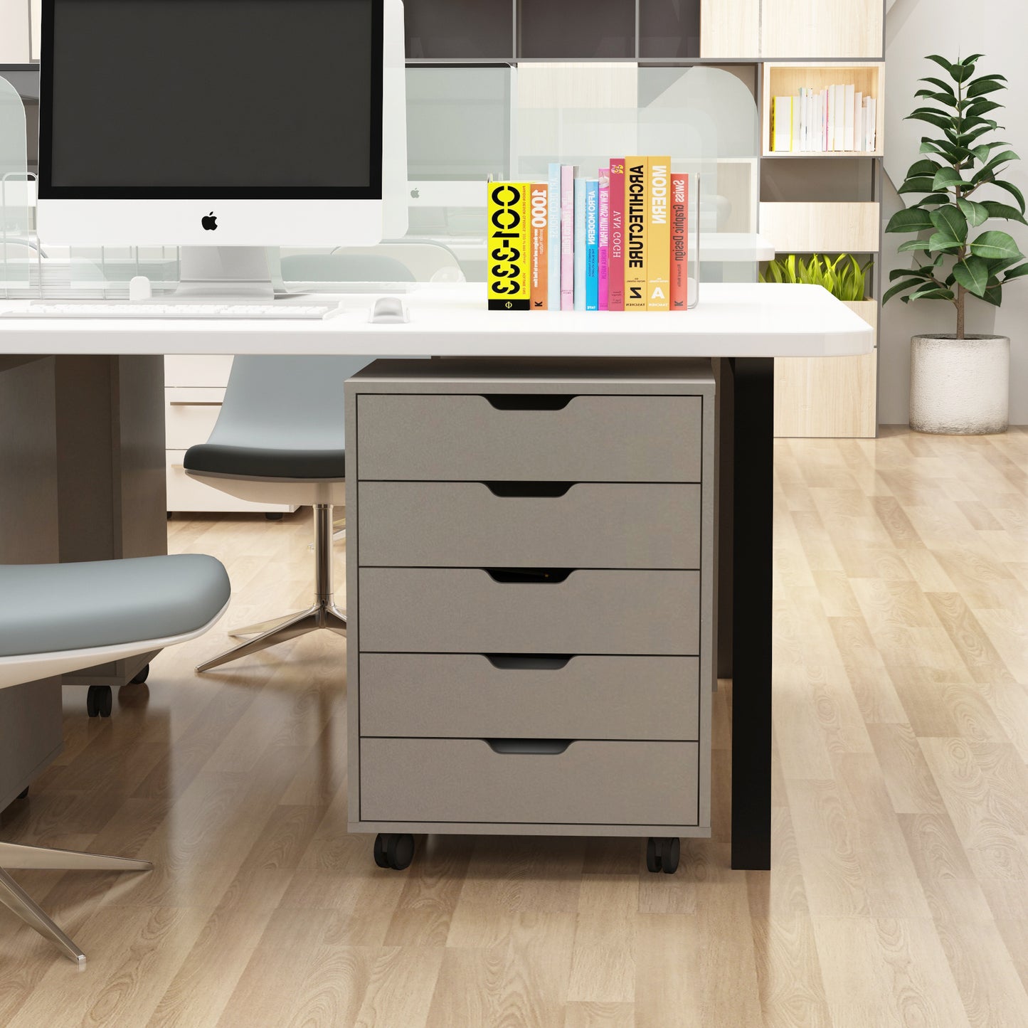 5 Drawers Small Rolling Office File Cabinet Organizer Printer Rack- White+Gray_3
