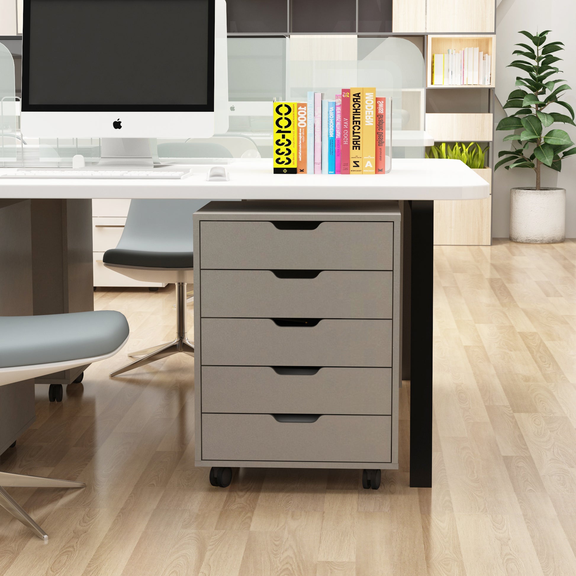 5 Drawers Small Rolling Office File Cabinet Organizer Printer Rack- White+Gray_3