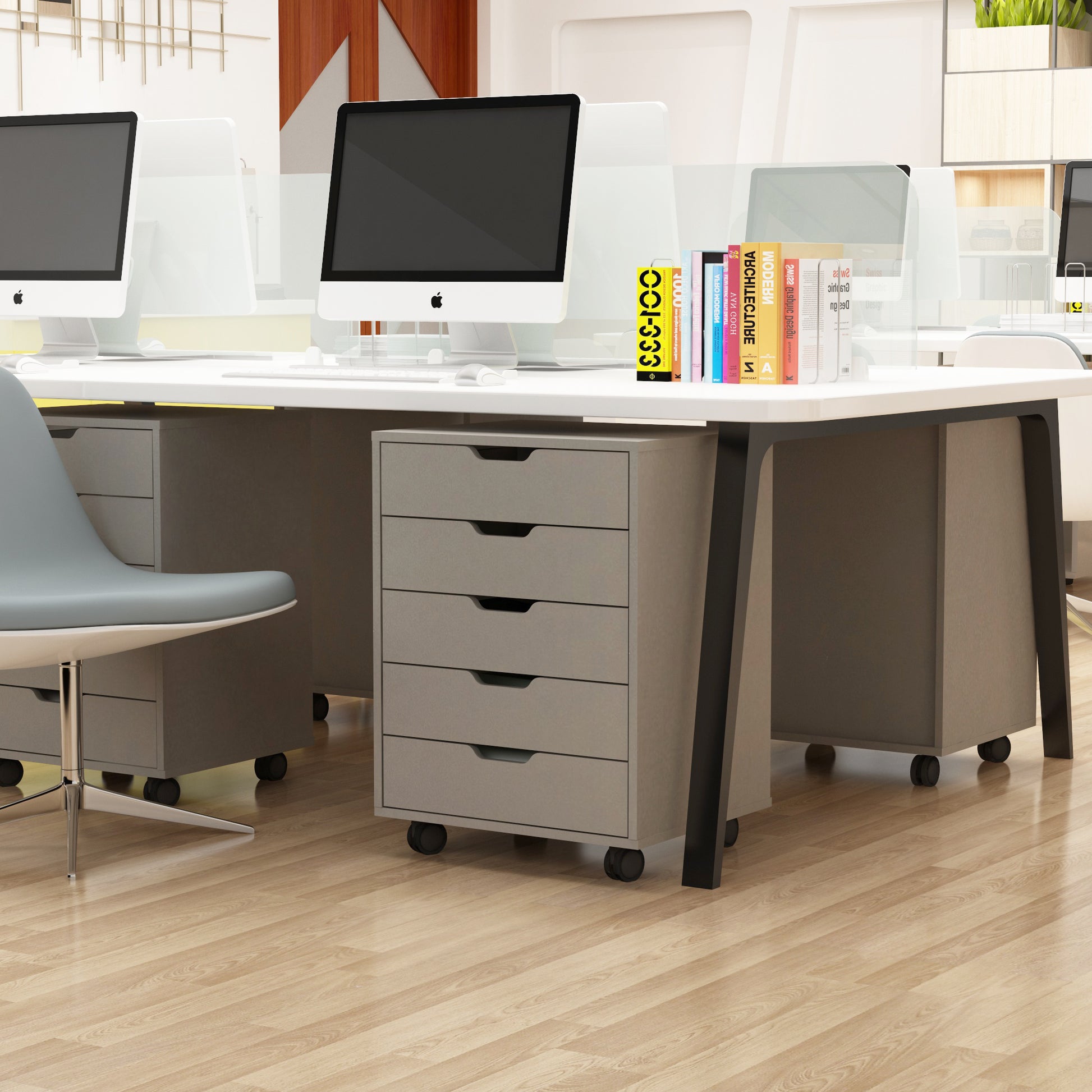 5 Drawers Small Rolling Office File Cabinet Organizer Printer Rack- White+Gray_2
