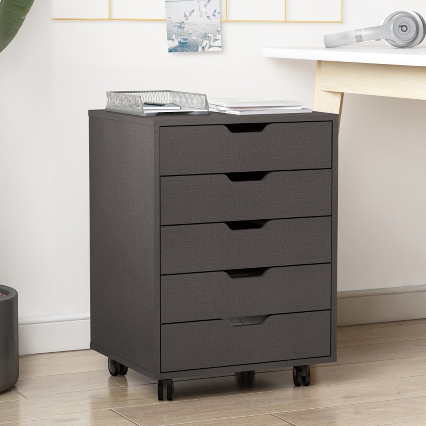 5 Drawers Small Rolling Office File Cabinet Organizer Printer Rack- Dark Gray_3