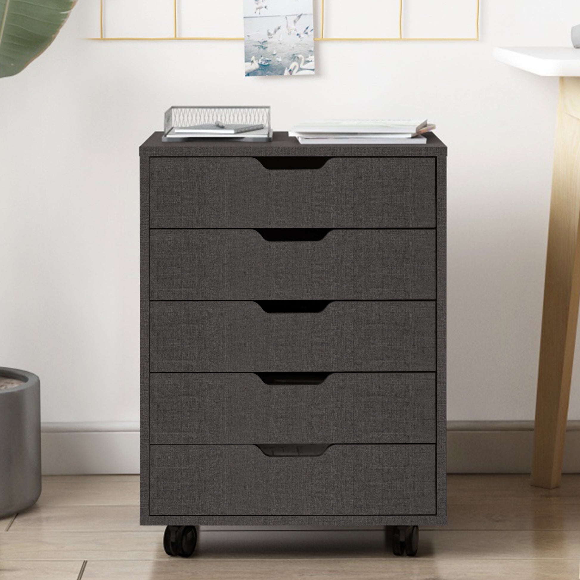 5 Drawers Small Rolling Office File Cabinet Organizer Printer Rack- Dark Gray_2