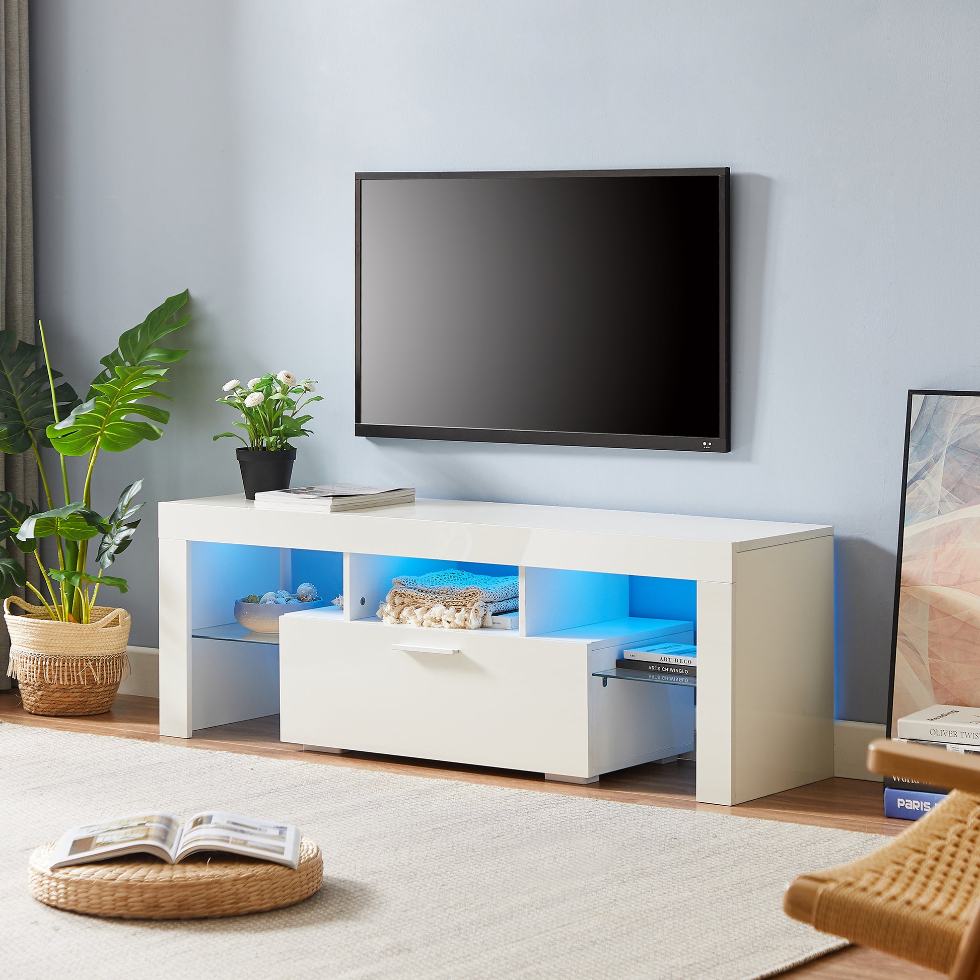 Modern TV Console Storage Media TV Organizing Cabinet Worktop- White_2