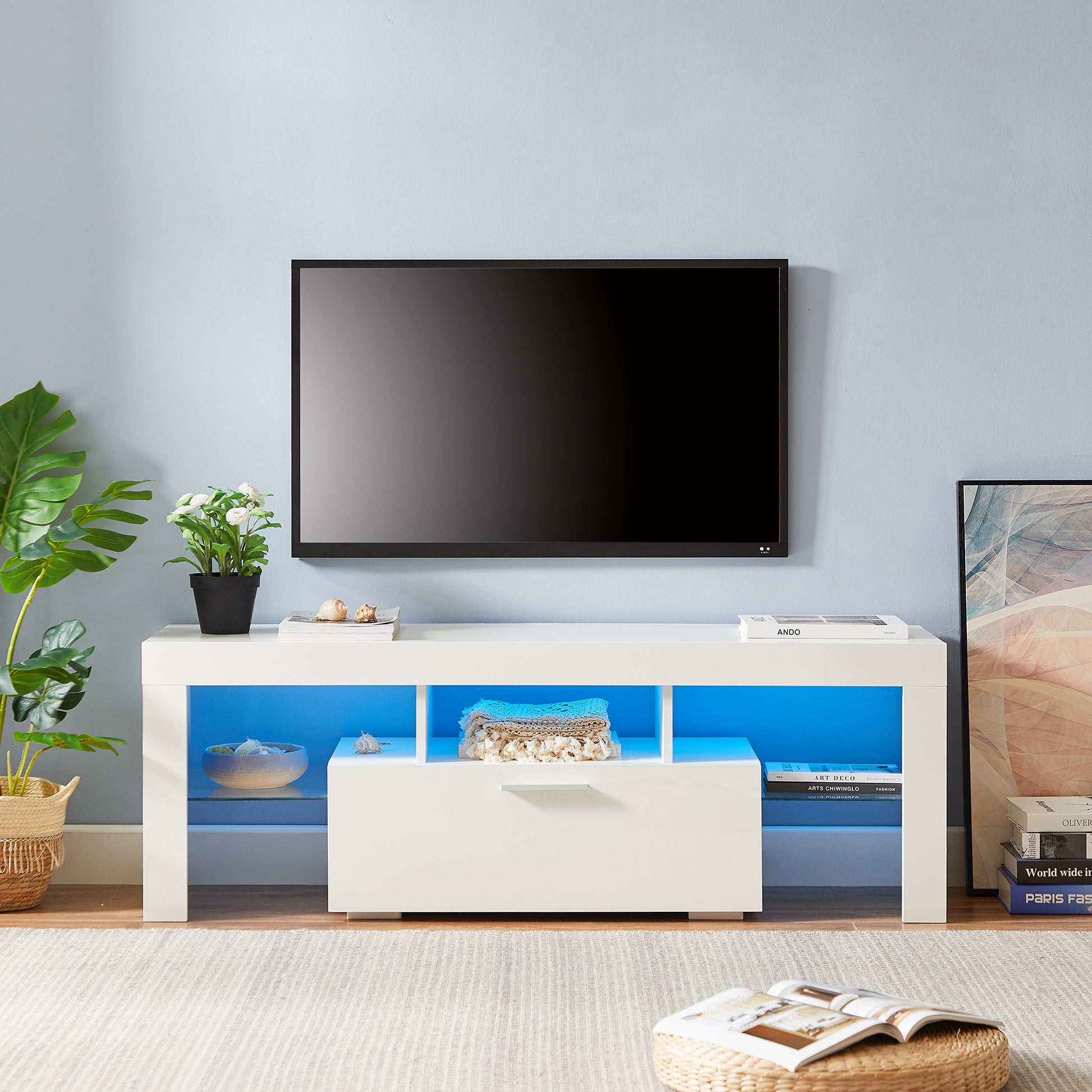 Modern TV Console Storage Media TV Organizing Cabinet Worktop- White_1