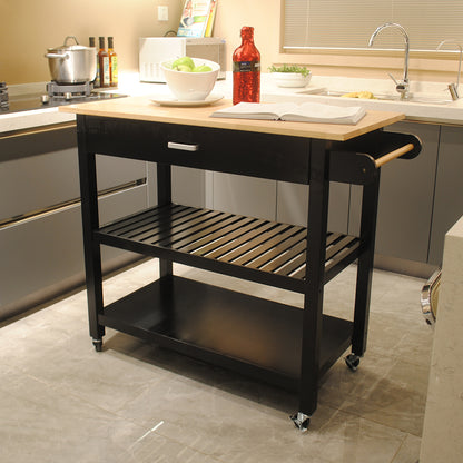 Rubber Wood Top Simple Design Mobile Kitchen Island with Two Lockable Wheels- Black_12
