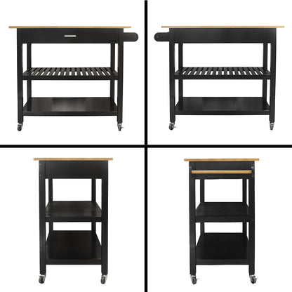 Rubber Wood Top Simple Design Mobile Kitchen Island with Two Lockable Wheels- Black_11
