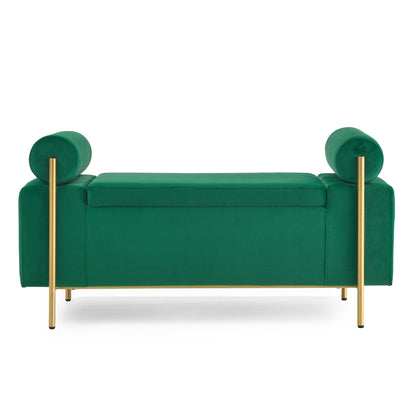 Elegant Upholstered Linen Storage Bench with Cylindrical Arms and Iron Legs- Green_10