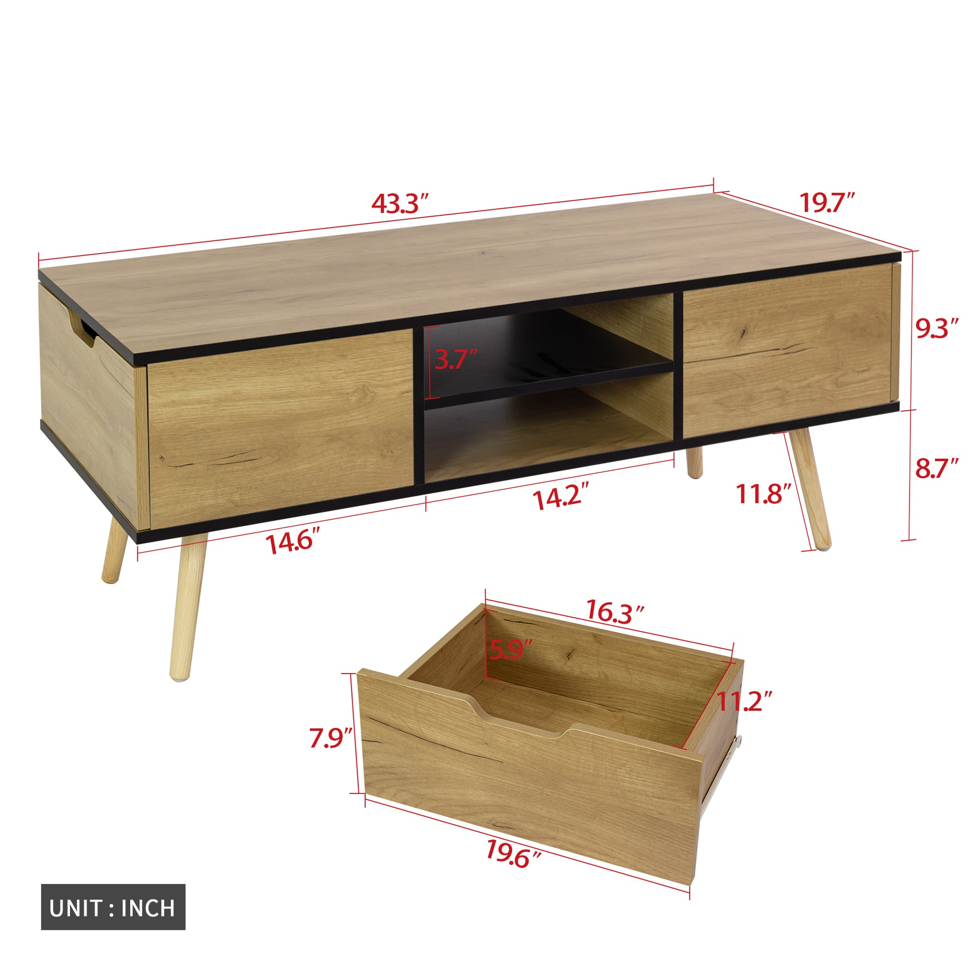 Coffee Table with Solid Wood Legs Support and Big Storage Space- Black+Brown_5
