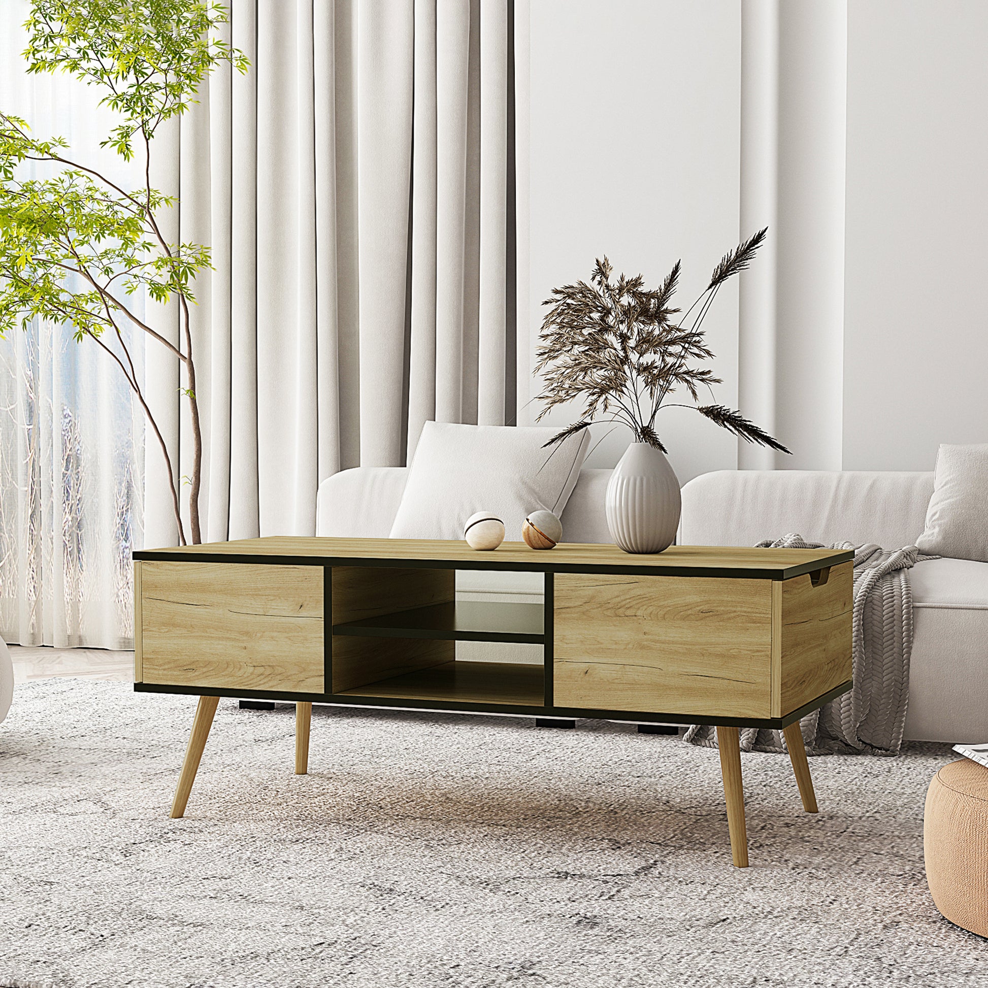 Coffee Table with Solid Wood Legs Support and Big Storage Space- Black+Brown_2