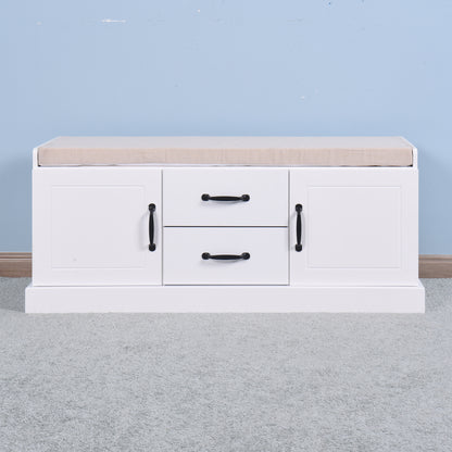 2 Doors 2 Cabinets Wooden Entryway Shoe Cabinet Storage Bench with White Cushion_4