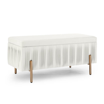 Elegant Upholstered Velvet Storage Bench with Cylindrical Arms and Iron Legs- Beige_7