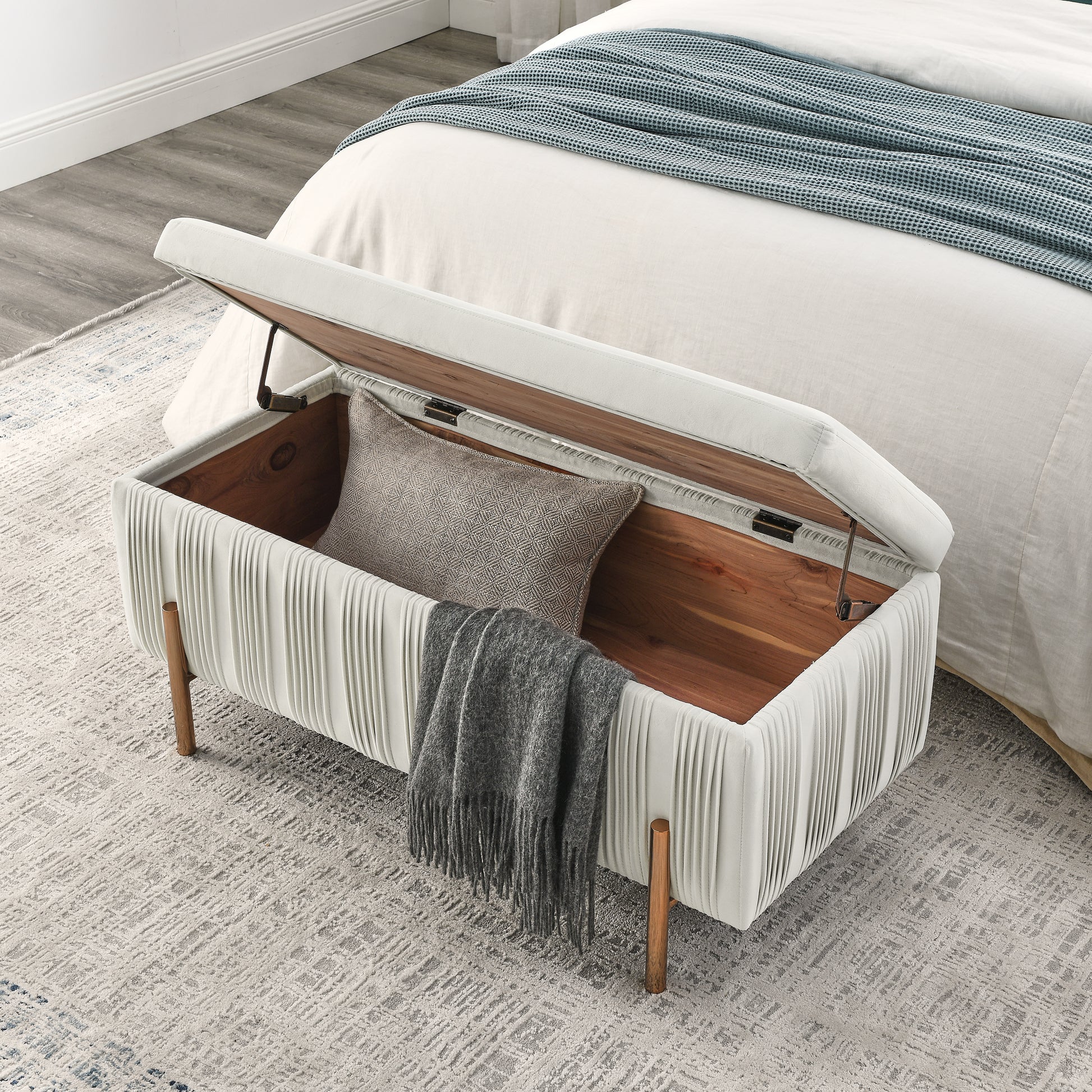 Elegant Upholstered Velvet Storage Bench with Cylindrical Arms and Iron Legs- Beige_2