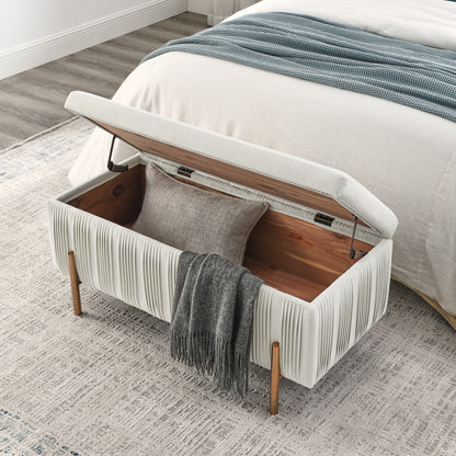 Elegant Upholstered Velvet Storage Bench with Cylindrical Arms and Iron Legs- Beige_2