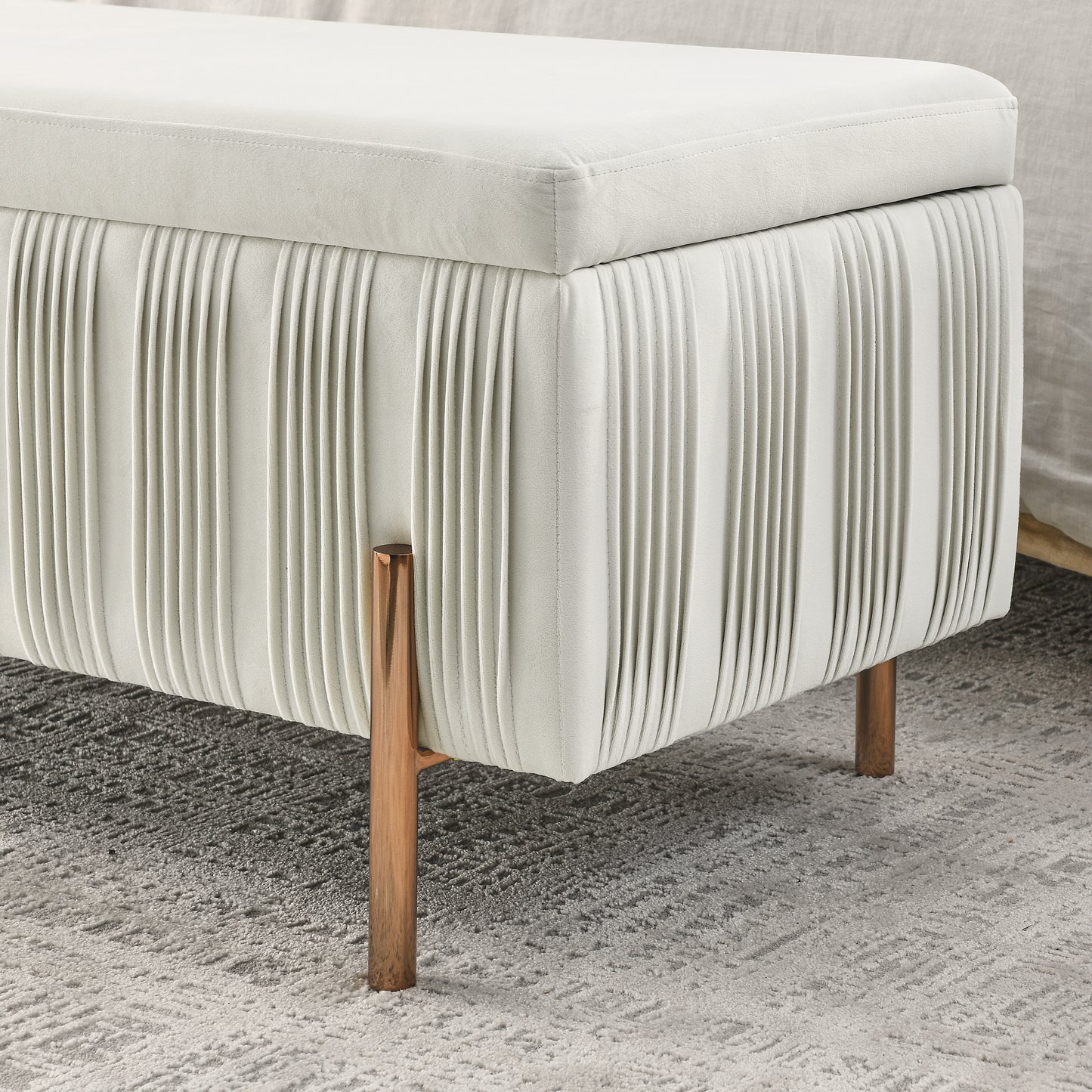 Elegant Upholstered Velvet Storage Bench with Cylindrical Arms and Iron Legs- Beige_11