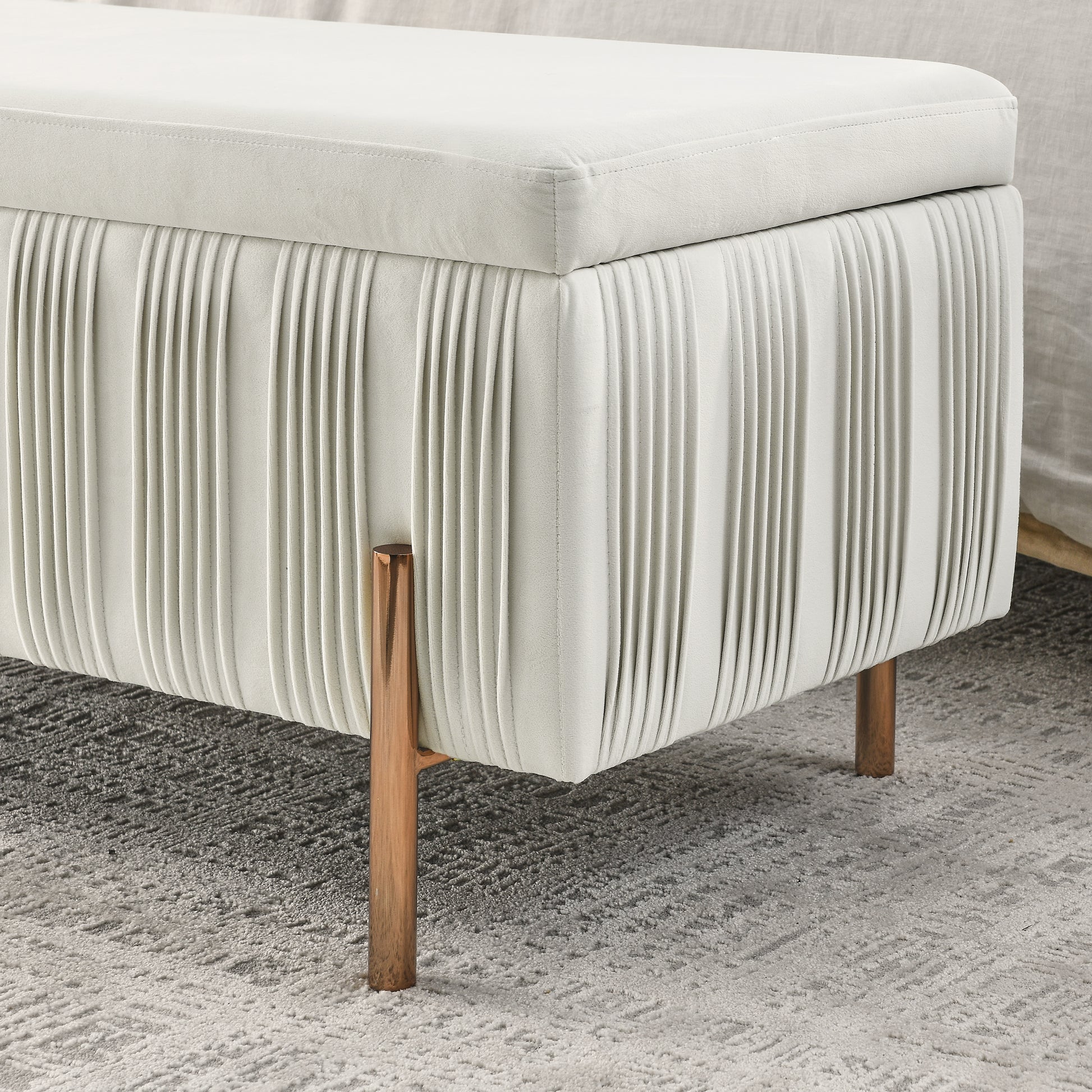 Elegant Upholstered Velvet Storage Bench with Cylindrical Arms and Iron Legs- Beige_11
