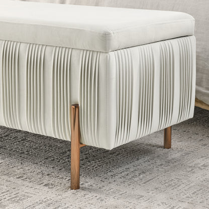 Elegant Upholstered Velvet Storage Bench with Cylindrical Arms and Iron Legs- Beige_11
