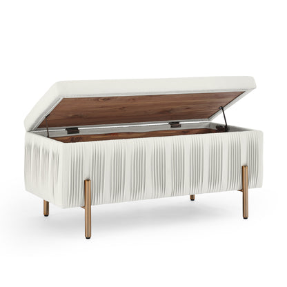 Elegant Upholstered Velvet Storage Bench with Cylindrical Arms and Iron Legs- Beige_9