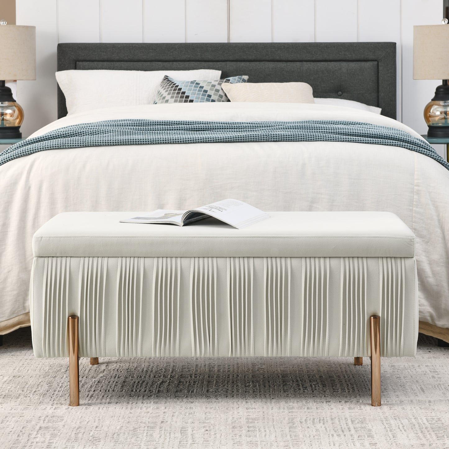 Elegant Upholstered Velvet Storage Bench with Cylindrical Arms and Iron Legs- Beige_3