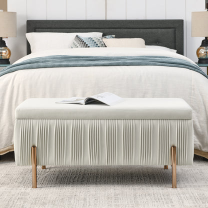Elegant Upholstered Velvet Storage Bench with Cylindrical Arms and Iron Legs- Beige_3