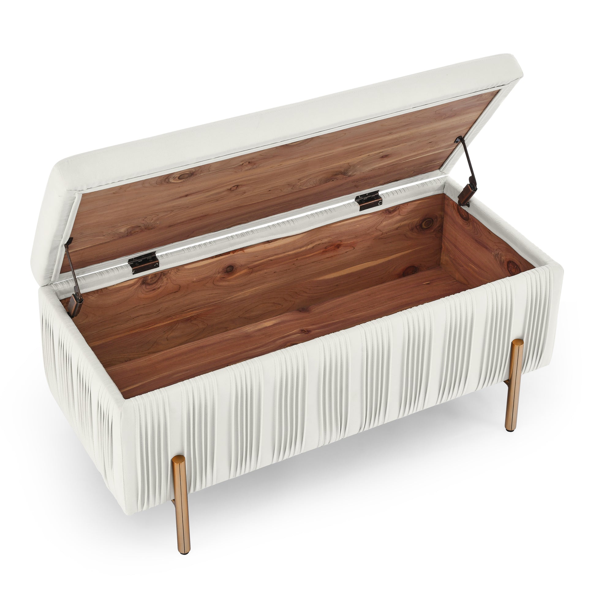 Elegant Upholstered Velvet Storage Bench with Cylindrical Arms and Iron Legs- Beige_10