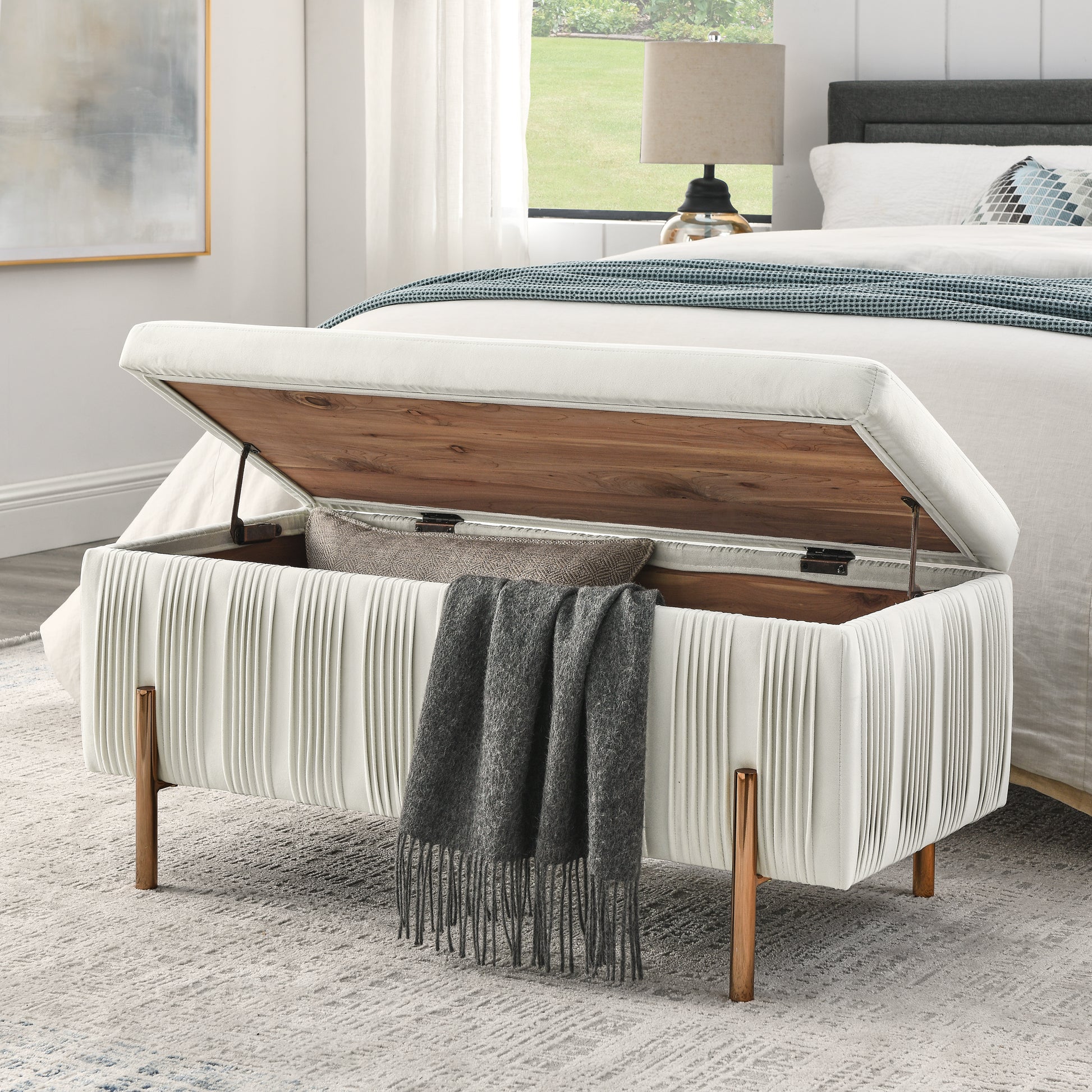 Elegant Upholstered Velvet Storage Bench with Cylindrical Arms and Iron Legs- Beige_0