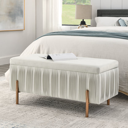Elegant Upholstered Velvet Storage Bench with Cylindrical Arms and Iron Legs- Beige_4