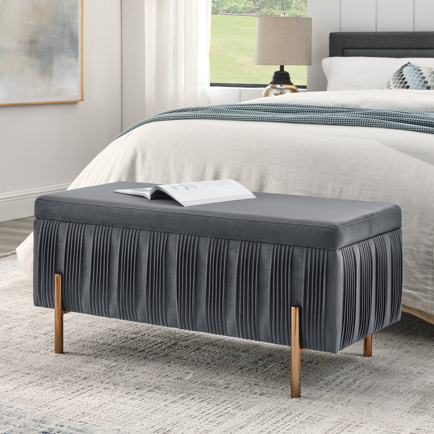 Elegant Upholstered Velvet Storage Bench with Cylindrical Arms and Iron Legs- Grey_4