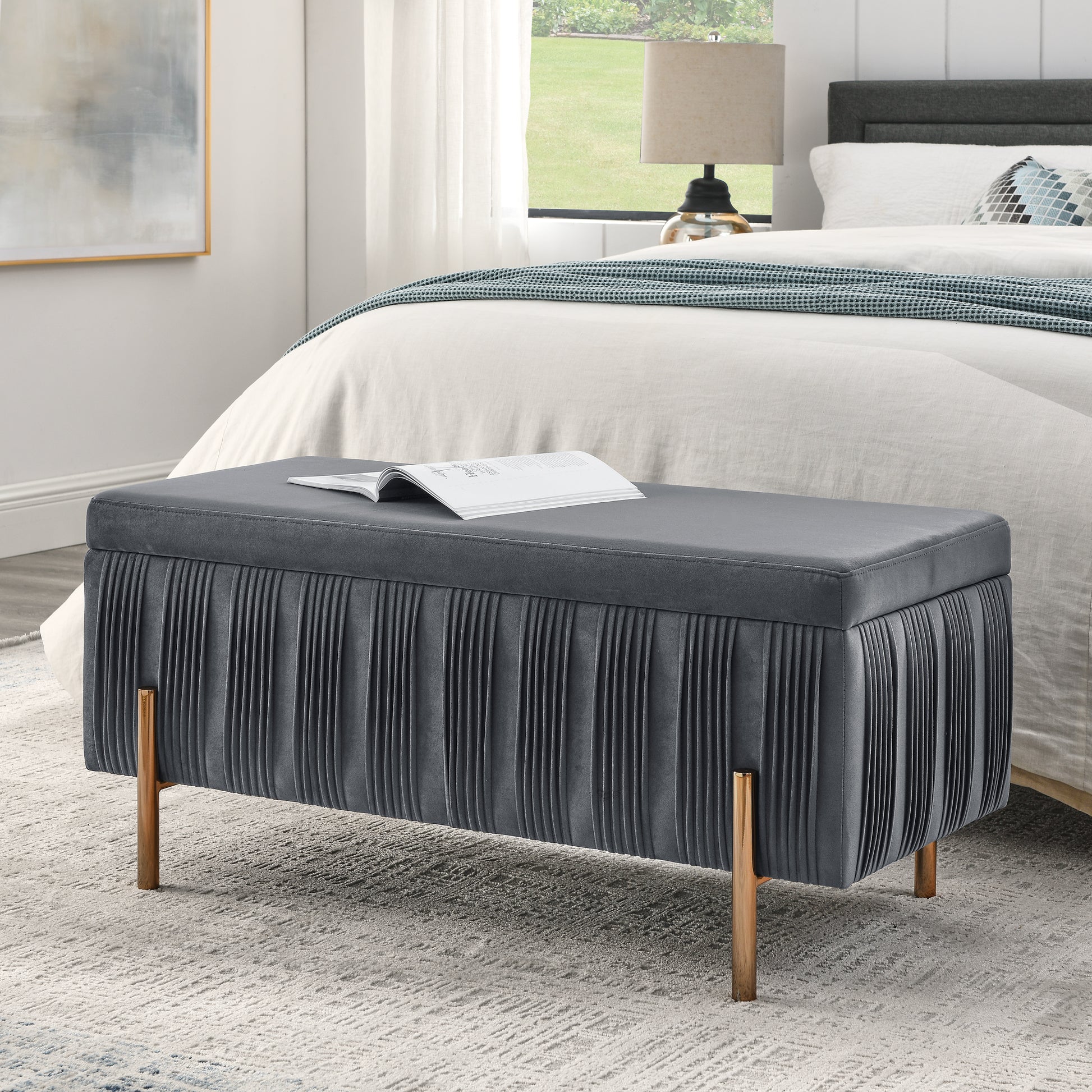 Elegant Upholstered Velvet Storage Bench with Cylindrical Arms and Iron Legs- Grey_4