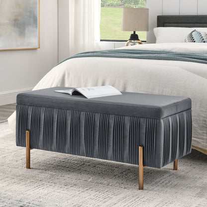 Elegant Upholstered Velvet Storage Bench with Cylindrical Arms and Iron Legs- Grey_4