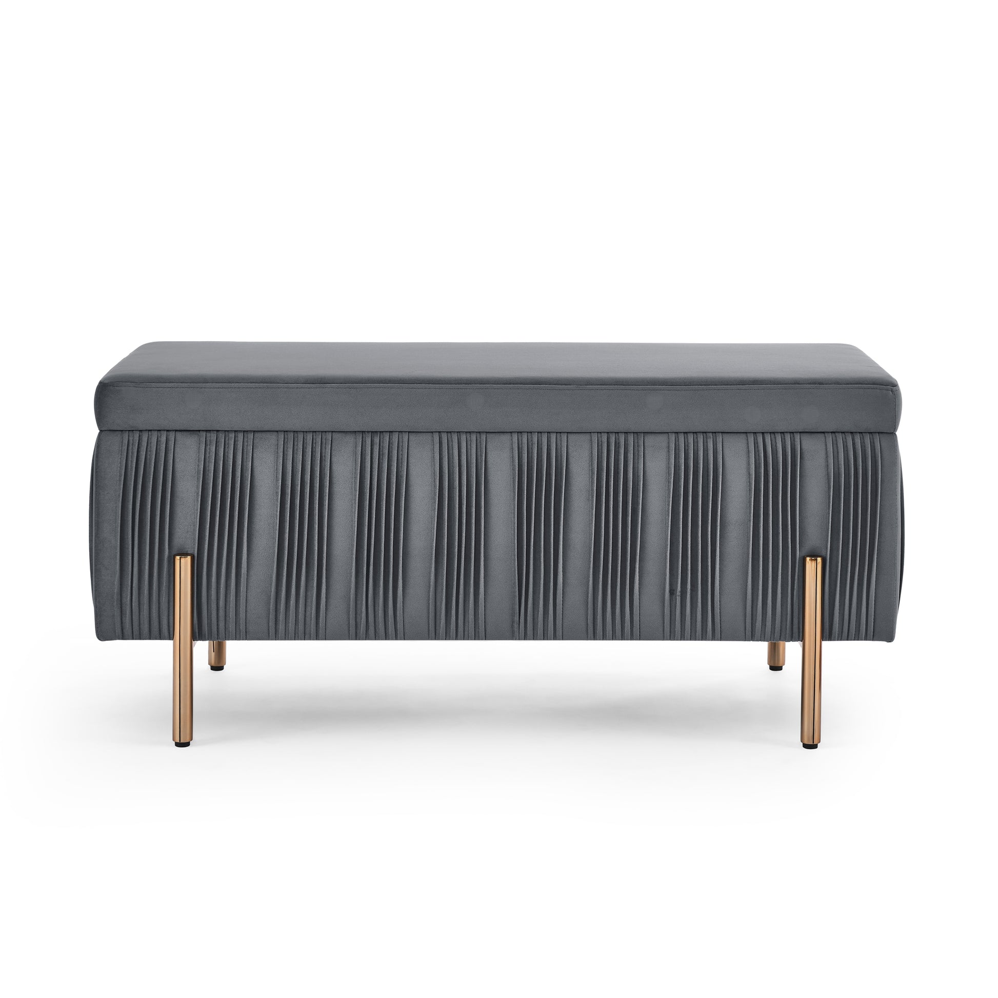 Elegant Upholstered Velvet Storage Bench with Cylindrical Arms and Iron Legs- Grey_6