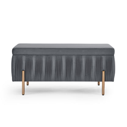 Elegant Upholstered Velvet Storage Bench with Cylindrical Arms and Iron Legs- Grey_6
