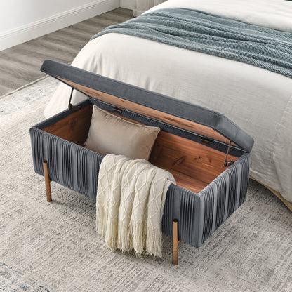 Elegant Upholstered Velvet Storage Bench with Cylindrical Arms and Iron Legs- Grey_2