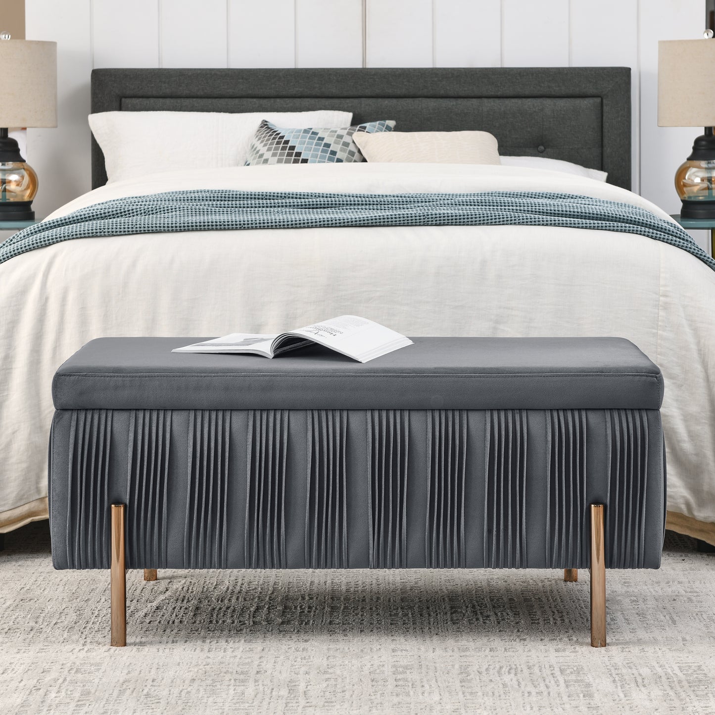 Elegant Upholstered Velvet Storage Bench with Cylindrical Arms and Iron Legs- Grey_3