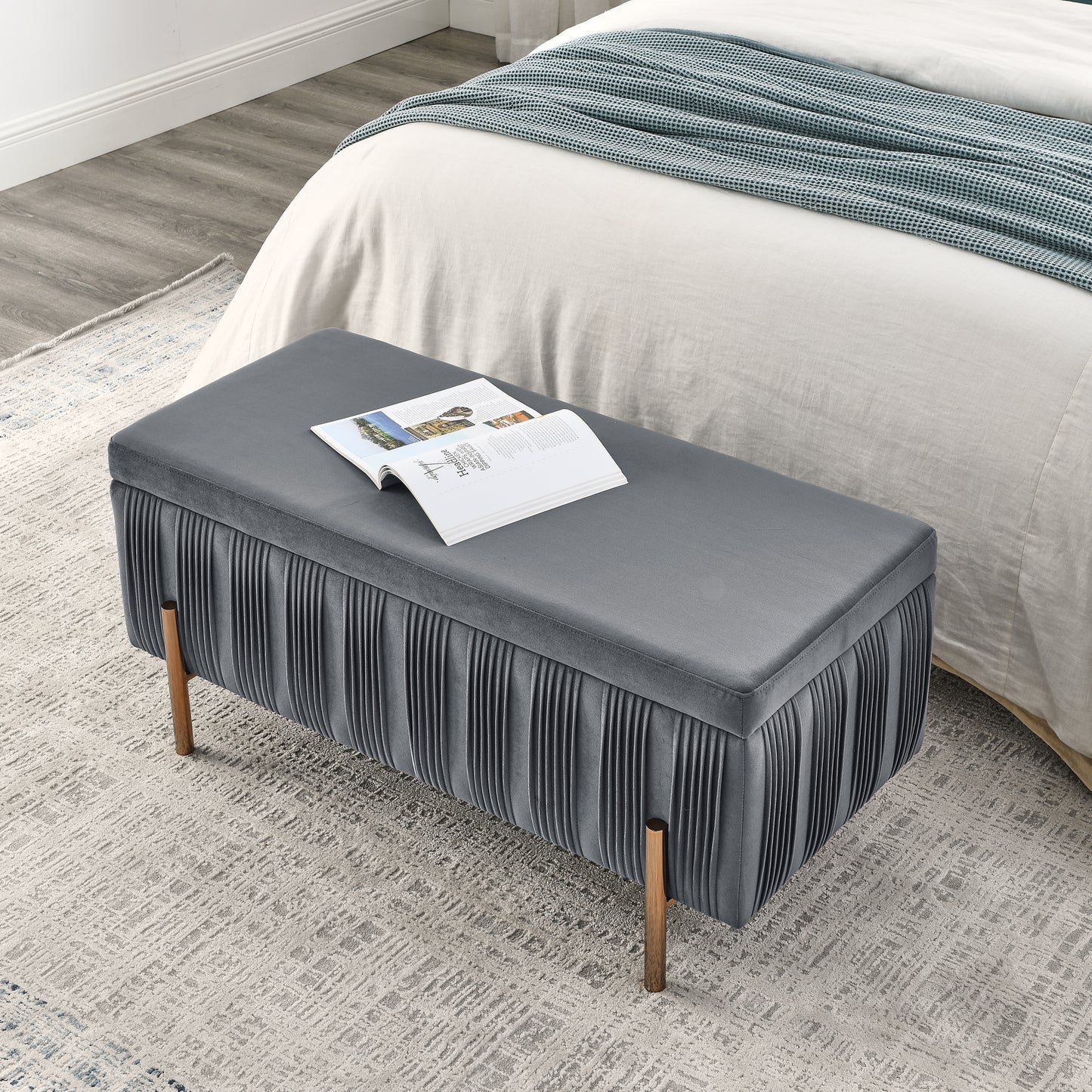 Elegant Upholstered Velvet Storage Bench with Cylindrical Arms and Iron Legs- Grey_5