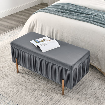 Elegant Upholstered Velvet Storage Bench with Cylindrical Arms and Iron Legs- Grey_5