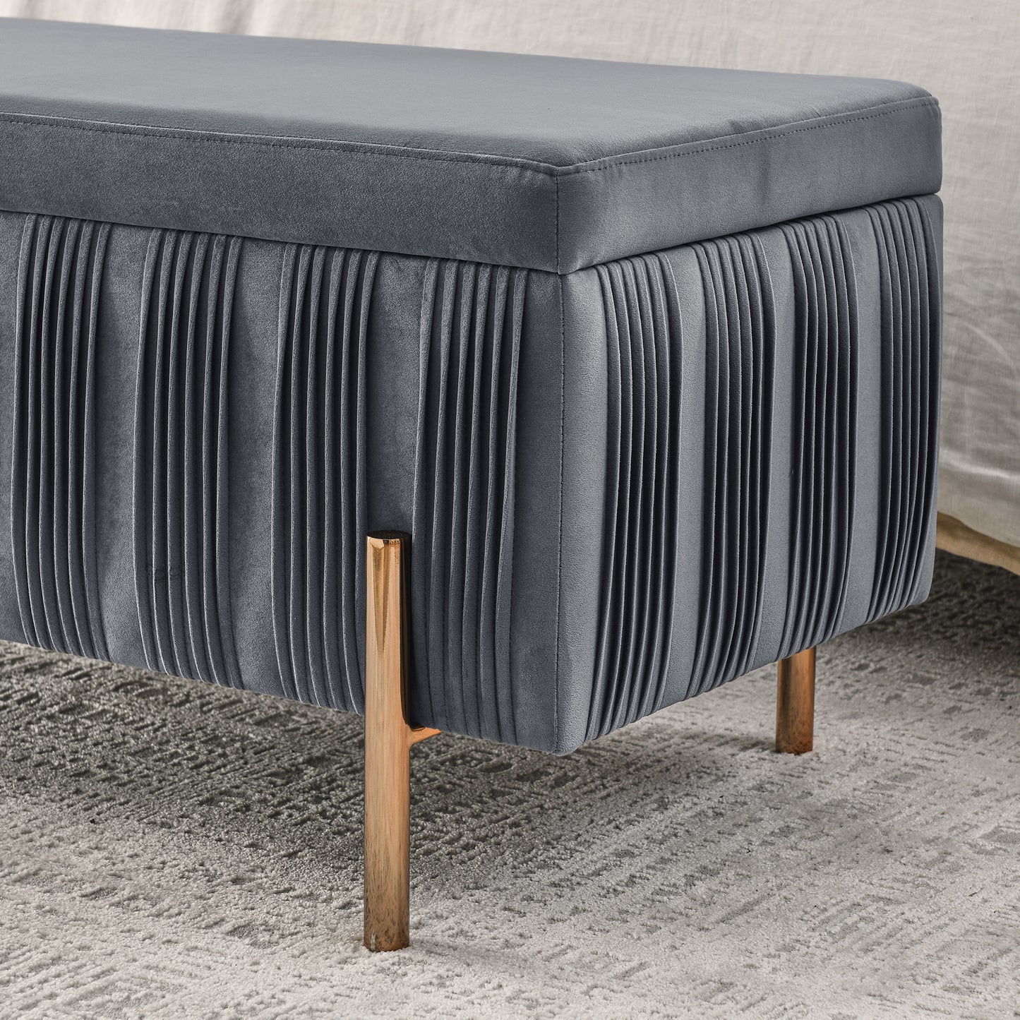 Elegant Upholstered Velvet Storage Bench with Cylindrical Arms and Iron Legs- Grey_11