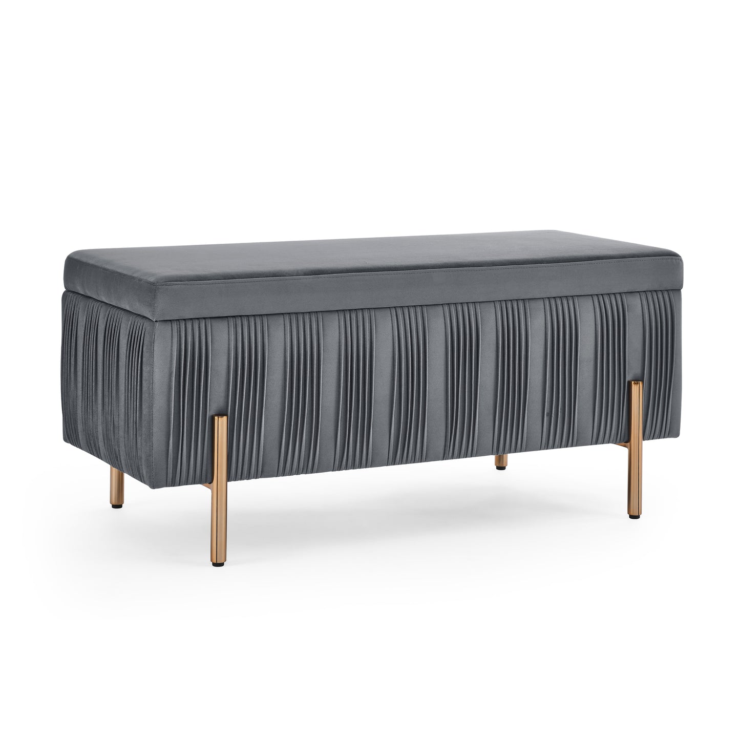 Elegant Upholstered Velvet Storage Bench with Cylindrical Arms and Iron Legs- Grey_7