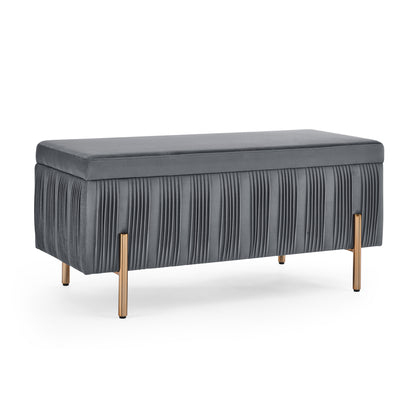 Elegant Upholstered Velvet Storage Bench with Cylindrical Arms and Iron Legs- Grey_7
