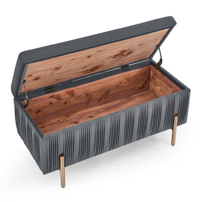 Elegant Upholstered Velvet Storage Bench with Cylindrical Arms and Iron Legs- Grey_10