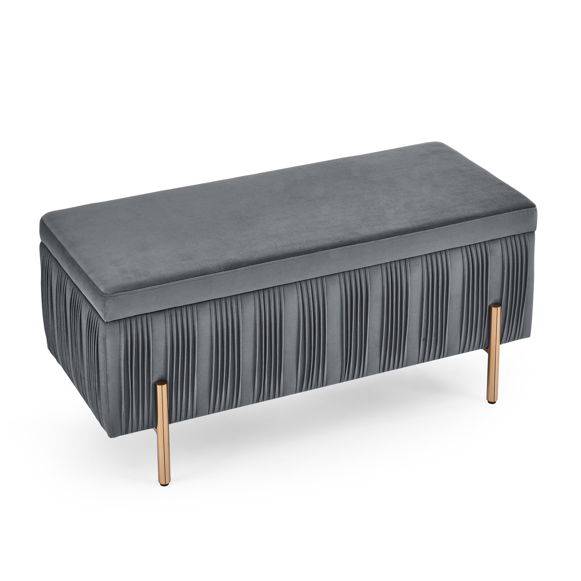 Elegant Upholstered Velvet Storage Bench with Cylindrical Arms and Iron Legs- Grey_8