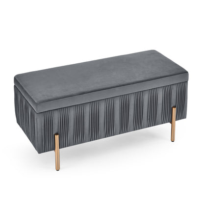 Elegant Upholstered Velvet Storage Bench with Cylindrical Arms and Iron Legs- Grey_8