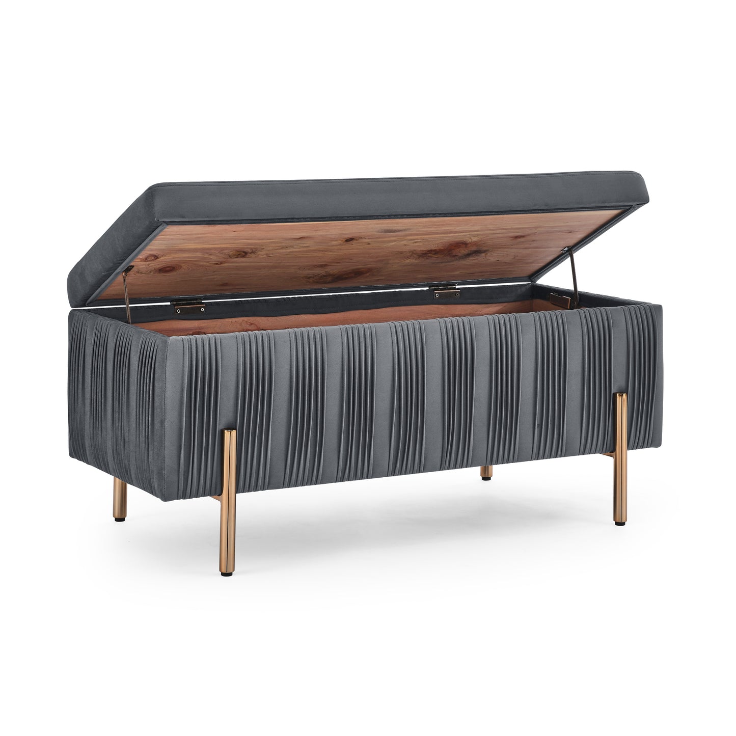 Elegant Upholstered Velvet Storage Bench with Cylindrical Arms and Iron Legs- Grey_9