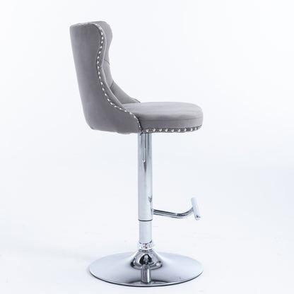 Set of 2 Modern Upholstered Tufted Velvet Armless Bar Stools with Chrome Details- Gray_4