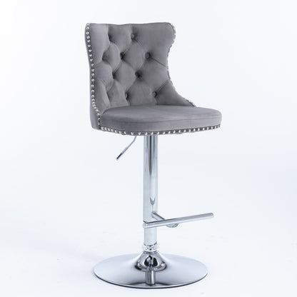 Set of 2 Modern Upholstered Tufted Velvet Armless Bar Stools with Chrome Details- Gray_3