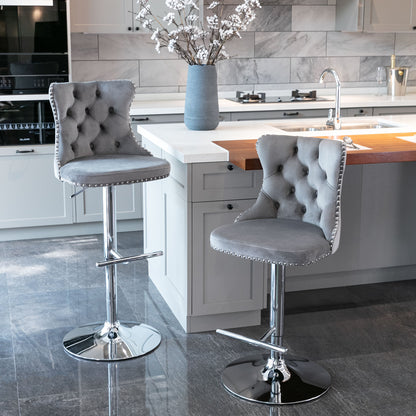 Set of 2 Modern Upholstered Tufted Velvet Armless Bar Stools with Chrome Details- Gray_11