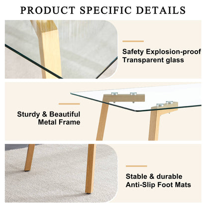 4-6 Seater Minimalist Rectangular Tempered Glass Dining Table with Brown Metal Legs_19