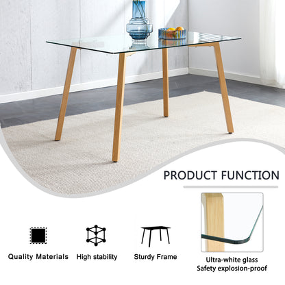 4-6 Seater Minimalist Rectangular Tempered Glass Dining Table with Brown Metal Legs_15