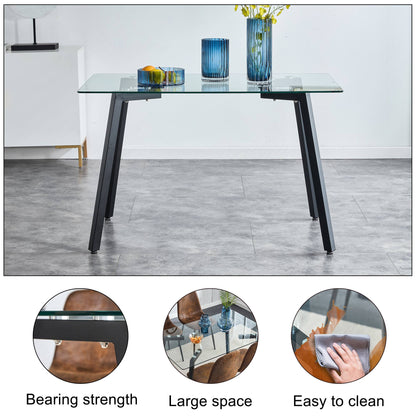 Modern Minimalist Rectangular Tempered Glass Dining Table with Black Metal Legs_17