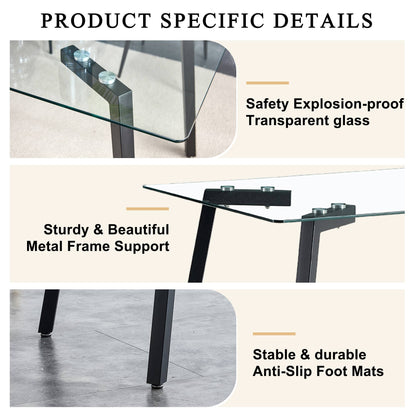 Modern Minimalist Rectangular Tempered Glass Dining Table with Black Metal Legs_14