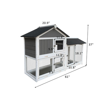 Wooden Outdoor Hutch with Running Cage and Removable Ramp Tray- Gray_4