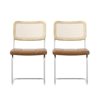 Set of 2 PU Leather Dining Chair with High-Density Sponge Rattan Chair- Brown_4